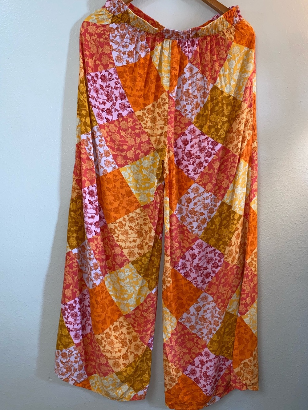 Cider Vibrant Retro Patchwork Floral Wide Leg Pants Pink Orange Yellow Size L